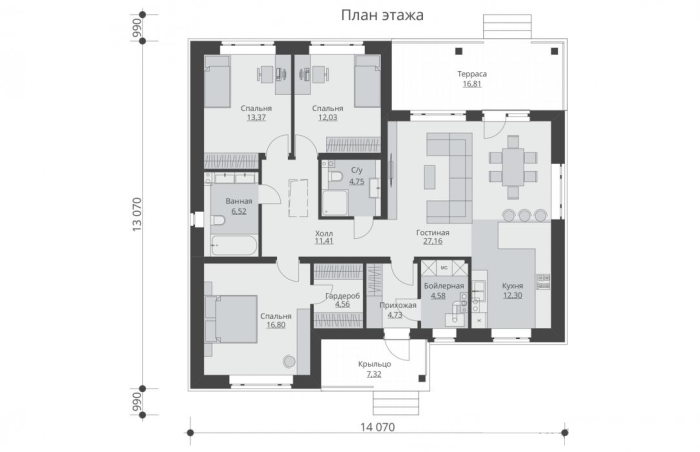 Проект 226  - дом из кирпича 13.07 x 14.07 м - Дома из блоков - 3 миниатюра